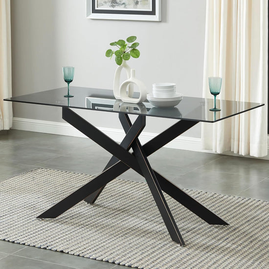 Contemporary Dining Table with Gray Tempered Glass Surface and Black Metal Tubular Legs, 58.5”L x 29”W x 30”H.