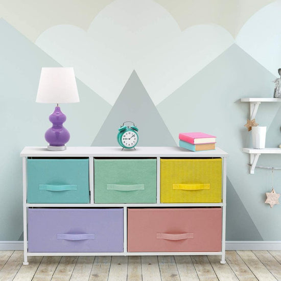 Kids Dresser w/ 5 Drawers, Storage Chest for Kid’s, & Teens Bedroom, Steel Frame, Fabric Bins,White