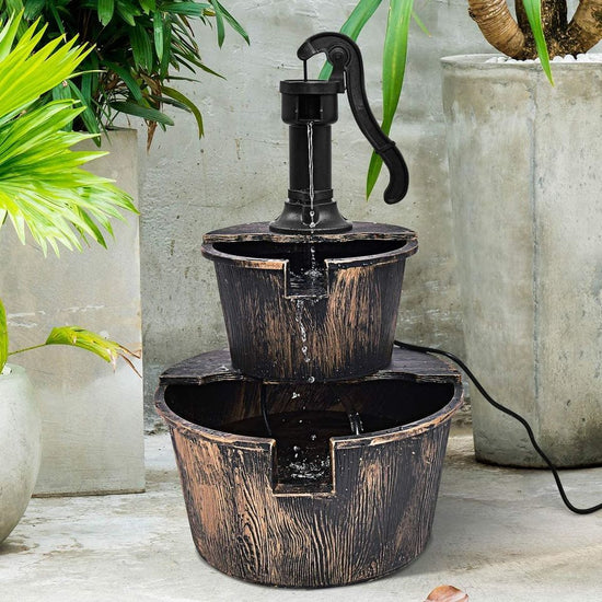 Waterfall Fountain 27" Tall 2-Tier Barrel and Pump, Bronze Finish