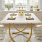 63" Modern Faux Marble Dining Table White & Gold Rectangular Dining Table