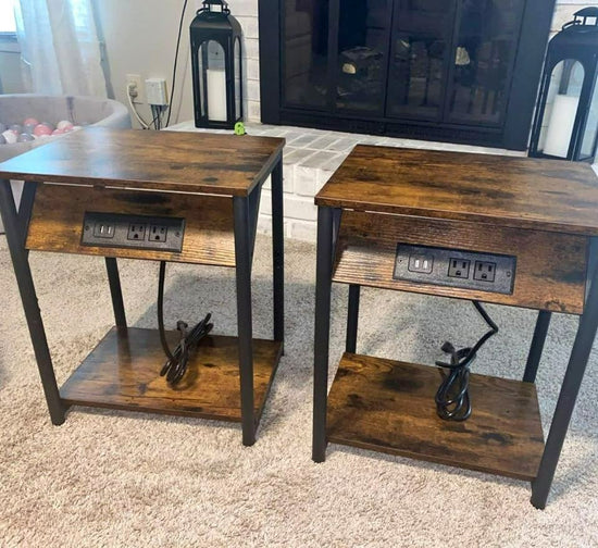 Set of 2 End Table with Charging Station, Side Table Nightstand
