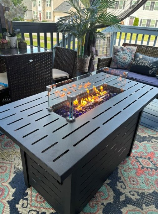 44" Fire Pit Propane Gas Tabletop 50, 000 BTU with Lid, Rain Cover, for Outside Garden Backyard