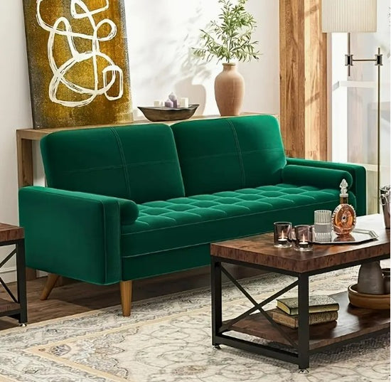 New 68-Inch Mid-Century Modern Green Velvet Sofa with Cushions and Pillow 3-Seater