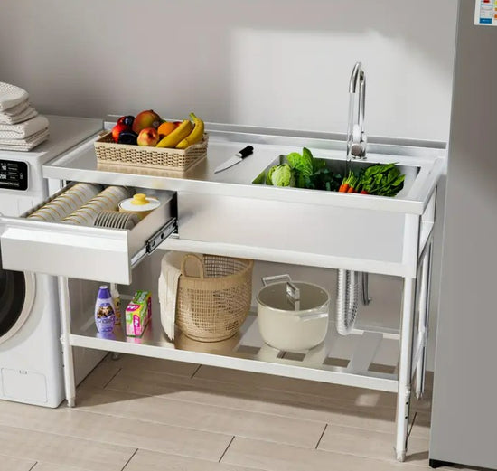 New 39" Stainless Steel Sink with Workbench & Storage Shelf Hot & Cold Water Pipes & Faucet