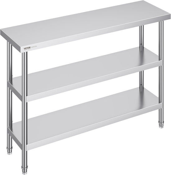 Stainless Steel Prep Table Work Table 14 x 48 with Double Adjustable Shelves Commercial Kitchen