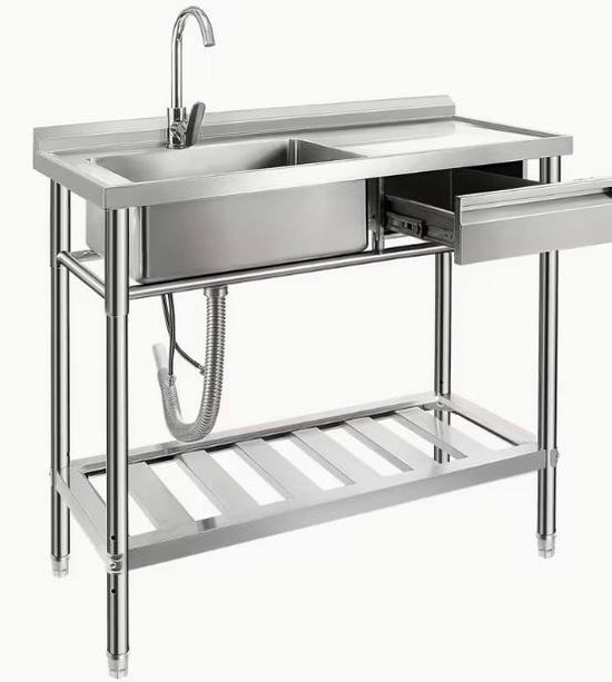 39" Stainless Steel Sink with Workbench & Storage Shelf Hot & Cold Water Pipes & Faucet