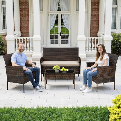 Patio Furniture Set Wicker 4 Pcs Outdoor Rattan Chair Tempered Glass Tabletop, Black
