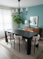 63" Modern Farmhouse Black Dining Table with 6 white chairs