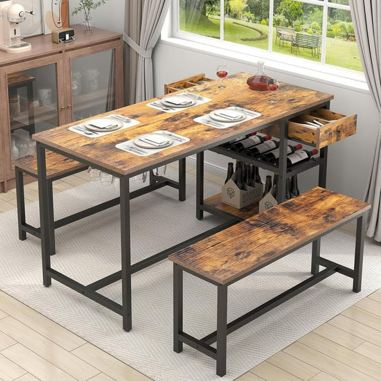 Dining Table Set for 4-6 with 2 Benches, Storage Drawer Shelf Wine Rack & Glass Holder