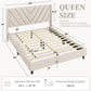 Queen Bed Frame Upholstered Platform Bed with Wing Side/Wooden Slat Support- Beige