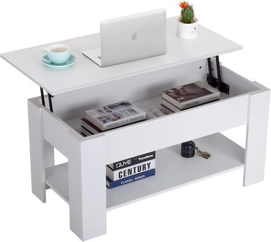 Lift Top Wooden Coffee Table with Hidden Compartment and Storage Shelf White