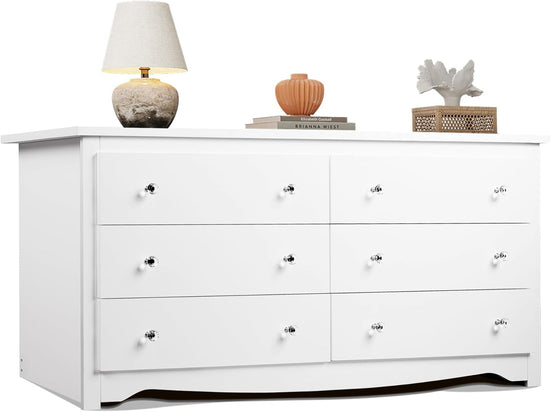 Wood White Dresser with 6 Drawer, Wide Chest of Drawers for Bedroom