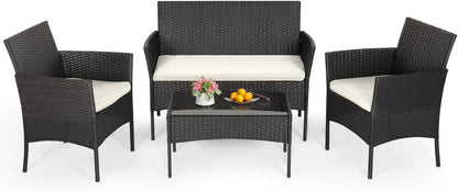 Patio Furniture Set Wicker 4 Pcs Outdoor Rattan Chair Tempered Glass Tabletop, Black