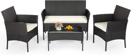 Patio Furniture Set Wicker 4 Pcs Outdoor Rattan Chair Tempered Glass Tabletop, Black
