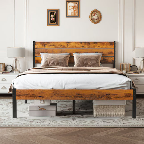 Queen Bed Frame with Headboard and Footboard No Box Spring Needed - Rustic