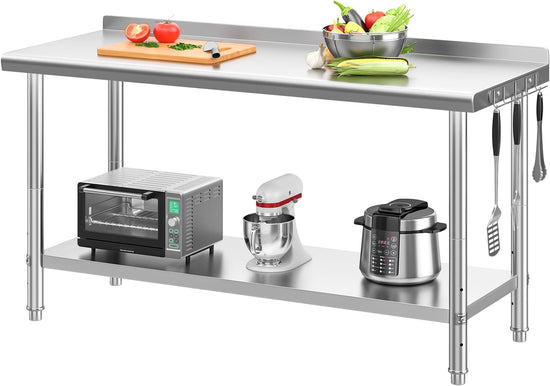 Stainless Steel 60" x 24" NSF Kitchen Restaurant Work Prep Table with Backsplash and Adjustable Bottom Shelf