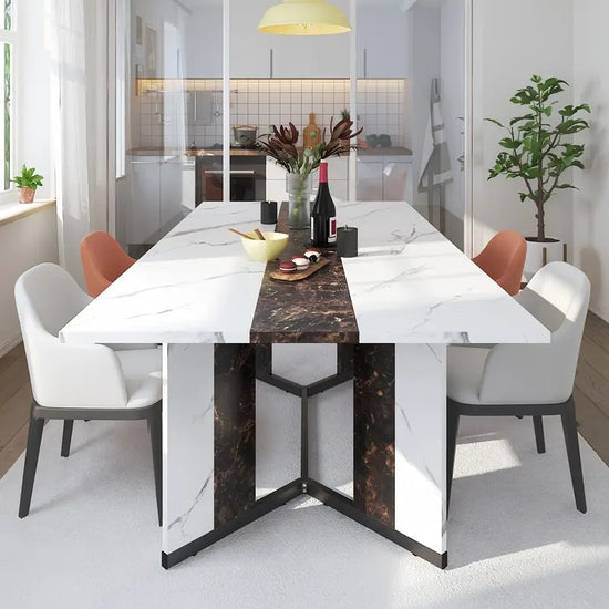 Elegant 71-Inch Rectangular Dining Table with Marble-Effect Wood Top Adjustable V-Shaped Legs, Waterproof & Scratch-Resistant Surface