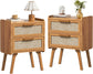 New Rattan Nightstands Set of 2 Boho End Tables with Drawers and Sturdy Wood Legs, Tea Brown