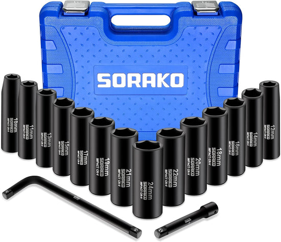 1/2” Impact Socket Set 16 Piece Metric Deep Socket Set 10-24 mm, Deep Impact Socket Set with Extension Bar & L Handle 6 Point Cr-V Steel Drive Socket Set with Portable Case