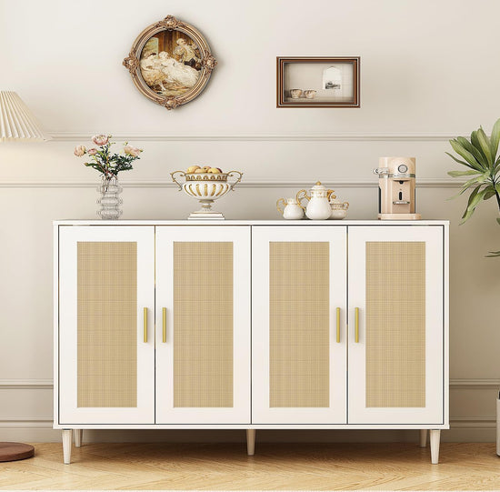 Modern Rattan Sideboard - Double Door Adjustable Shelves, Multi-functional Buffet Cabinet