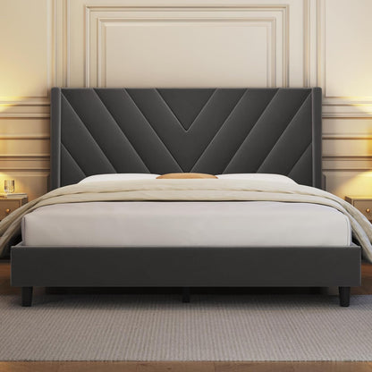 Queen Bed Frame Upholstered Platform Bed with Wing Side/Wooden Slat Support- Dark Grey