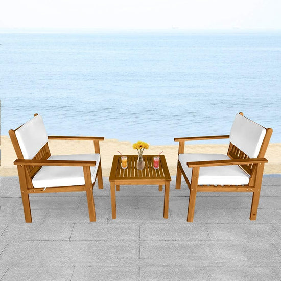 NEW 3-Piece Acacia Wood Patio Bistro Set with Water Resistant Cushions and Coffee Table