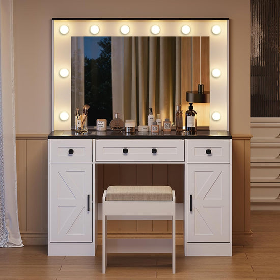 Farmhouse Vanity Desk with Lighted Mirror Glass Top and Chair