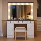 Farmhouse Vanity Desk with Lighted Mirror Glass Top and Chair
