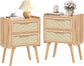 New Rattan Nightstands Set of 2 Boho End Tables with Drawers and Sturdy Wood Legs, Tea Brown