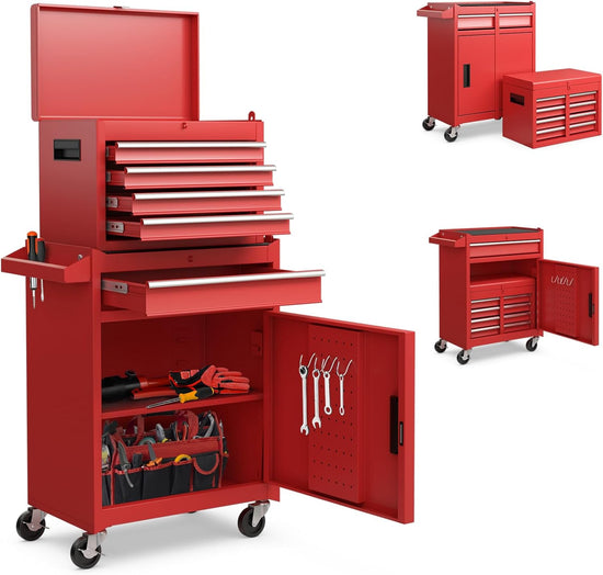 5-Drawer Tool Box Organizer w/Lockable Wheels & Sliding Drawers & Detachable Top & Adjustable Shelf