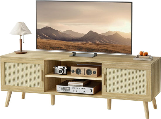 Boho TV Stand for 65 Inch TV Rattan with Adjustable Shelf