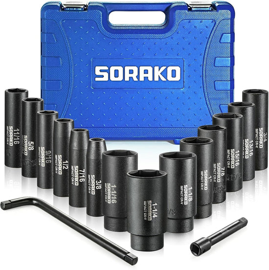 Impact Socket Set 1/2” Drive 16 PCS SAE Deep Socket Set (3/8-Inch to 1-1/14") Include 5” Extension Bar & 10” L Handle, Cr-V Steel 6 Point Standard Impact Socket with Portable Case