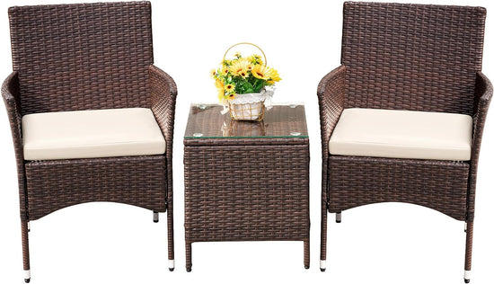 Patio Porch Furniture Sets 3 Pieces PE Rattan Wicker Chairs with Table Brown/Beige
