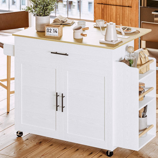 Rolling Kitchen Island on Wheels with Drop Leaf Cabinet, Drawer, Spice/Towel Rack and Outlet
