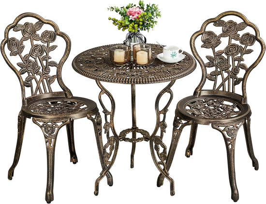 3 Pcs Outdoor Bistro Set Rust-Resistant Cast Aluminum Table and Chairs w/Umbrella Hole