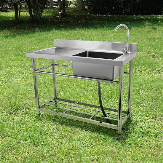 Stainless Steel Utility Sink, Free Standing Single Bowl Commercial Kitchen Sink Set w/Workbench, 39.4 x 19.1 x 37.4 in Commercial Single Bowl Sinks for Garage, Restaurant, Laundry, NSF Certified