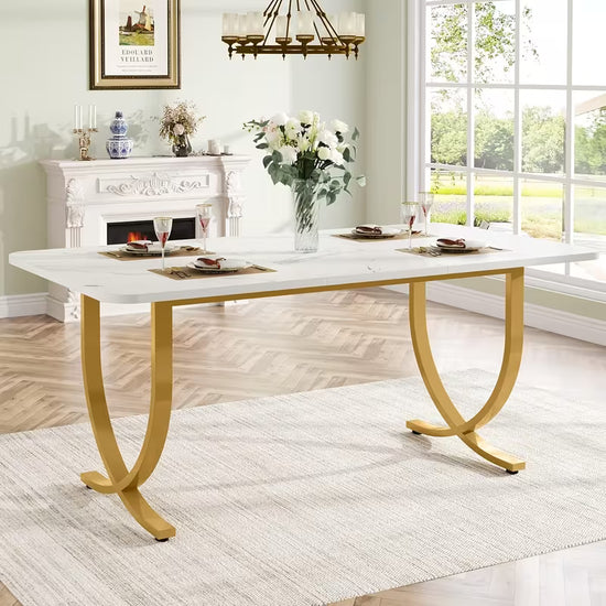 63" Modern Faux Marble Dining Table White & Gold Rectangular Dining Table