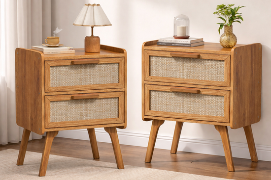 New Rattan Nightstands Set of 2 Boho End Tables with Drawers and Sturdy Wood Legs, Tea Brown