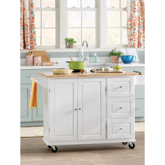 Breakfast Bar White Mobile Kitchen Island Cart with Wood Drop Leaf