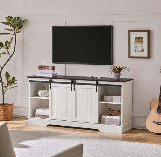 Farmhouse TV Stand 58" Entertainment Center with Sliding Barn Door White
