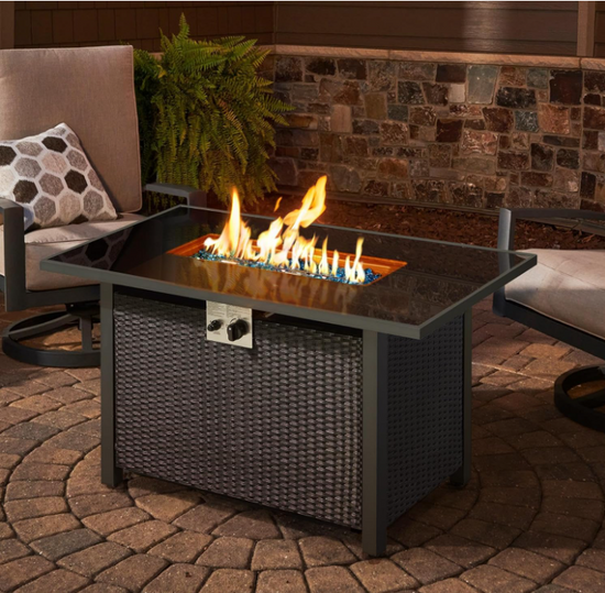 43in Fire Pit Propane 50,000 BTU Rectangle Fire Table with Glass Tabletop and Waterproof Cover