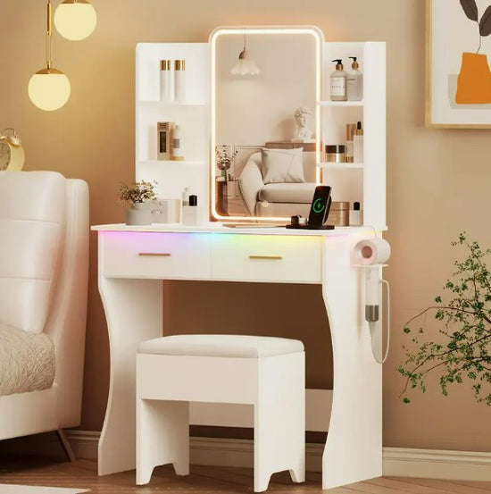 Vanity Desk with LED Lights Mirror & Power Outlet Storage Drawers & Chair Adjustable Brightness