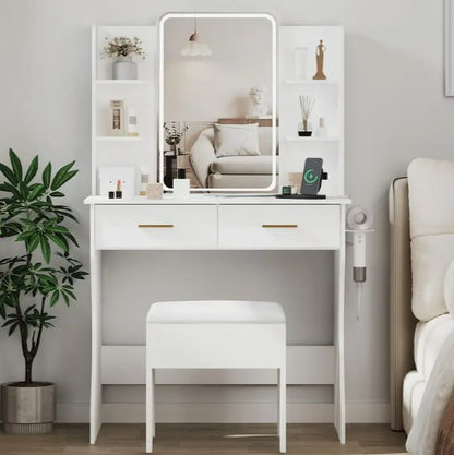 Vanity Desk with LED Lights Mirror & Power Outlet Storage Drawers & Chair Adjustable Brightness