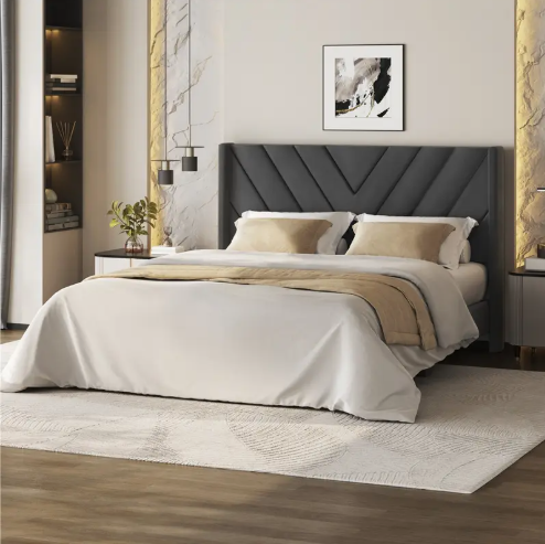 Queen Bed Frame Upholstered Platform Bed with Wing Side/Wooden Slat Support- Dark Grey