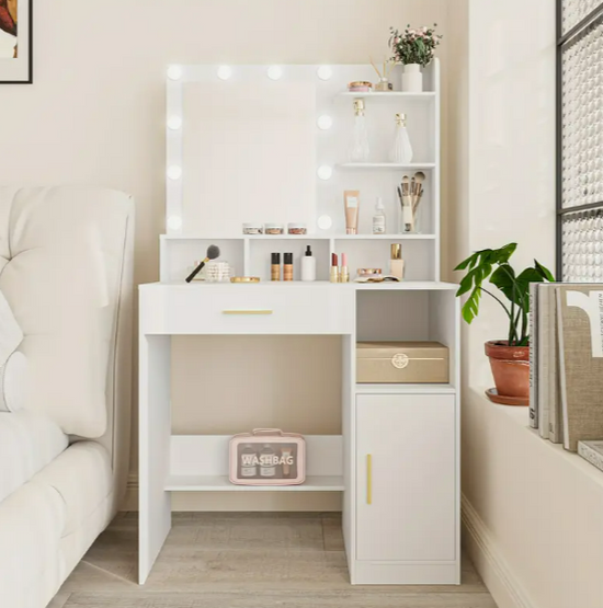 White Makeup Vanity Desk with Mirror with 3 Lighting Modes Adjustable Brightness