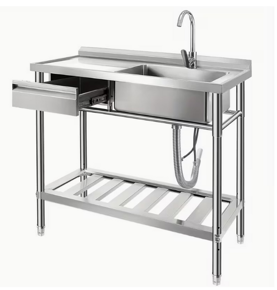 New 39" Stainless Steel Sink with Workbench & Storage Shelf Hot & Cold Water Pipes & Faucet