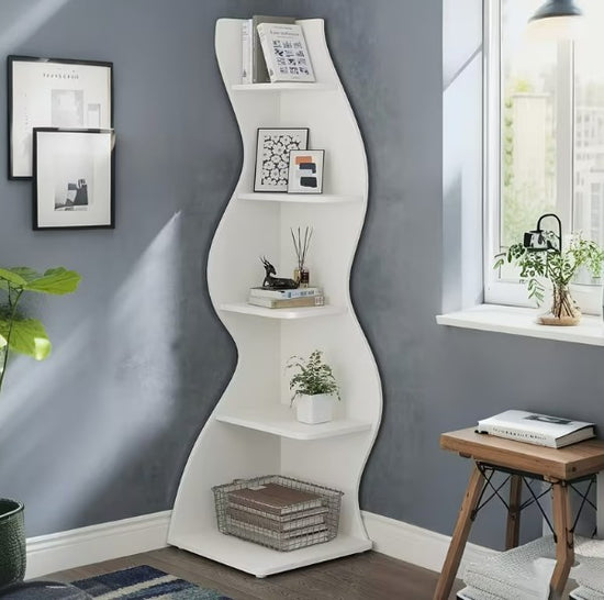 Modern Corner Shelf 5-Tier Wall Bookshelf Storage Rack & Plant Stand- White