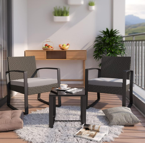 3 Pieces Patio Furniture Set Rocking Bistro Set Outdoor Rattan Conversation with Coffee Table for Garden