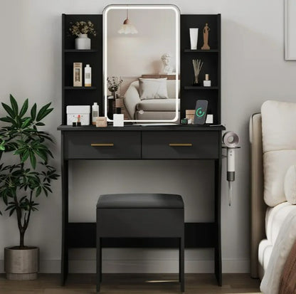Vanity Desk with LED Lights Mirror & Power Outlet Storage Drawers & Chair Adjustable Brightness