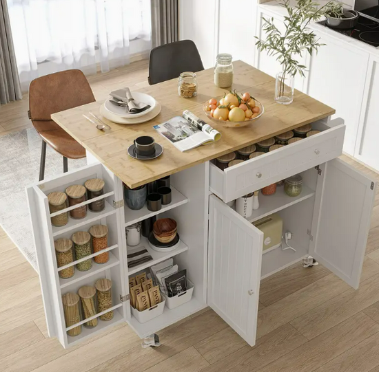 Kitchen Island with Storage Drop Leaf Spice Rack, Towel Rack Buffet Sideboard Rolling Cart